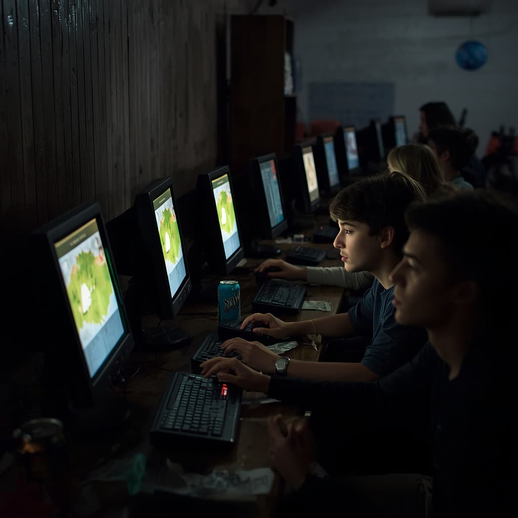 Players seated along a long row of glowing monitors on wooden desks in a dim gaming hall